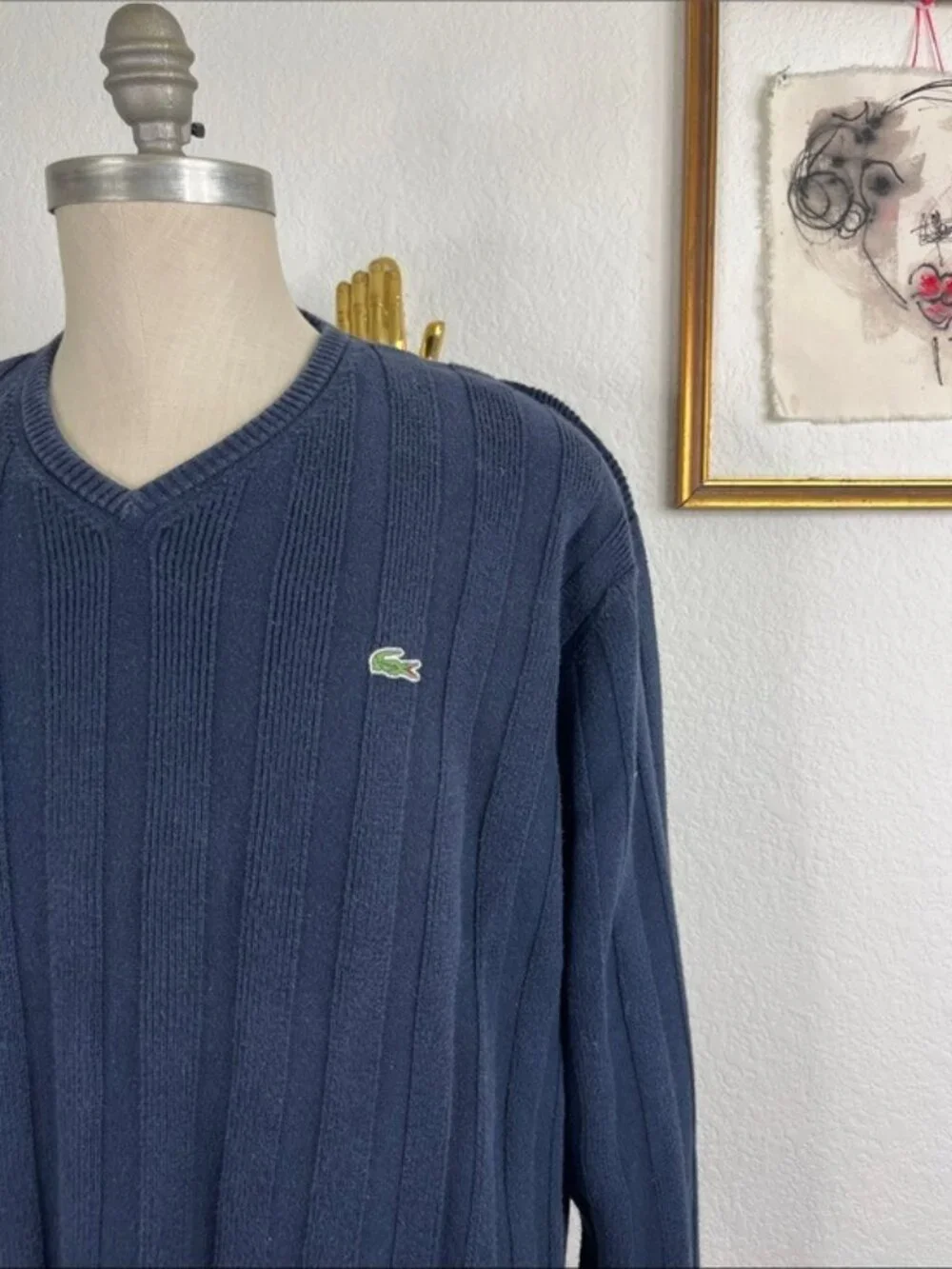 Lacoste Ribbed Striped V Neck Logo Long Sleeve Sweater